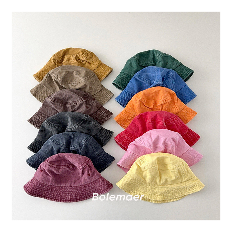 หมวกชาวประมงเด็กเกาหลีที่เรียบง่ายสีทึบล้างผ้ายีนส์กลางแจ้งเด็กถังหมวก