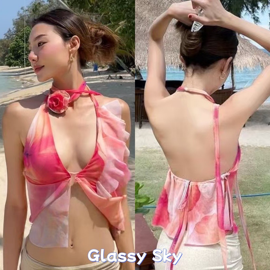 Glassy Sky💖พร้อมส่ง💖 เสื้อสายเดี่ยว ลายมัดย้อมสีชมพู ผ้าทิ้งตัวพริ้วๆ ใส่สบาย เซ็กซี่ (FY2596)