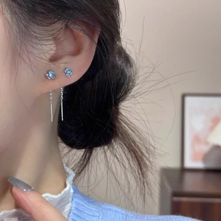 ส925 เงินชุบดอกไม้สีฟ้าห้อยหูลวดต่างหูเครื่องประดับอุปกรณ์เสริม