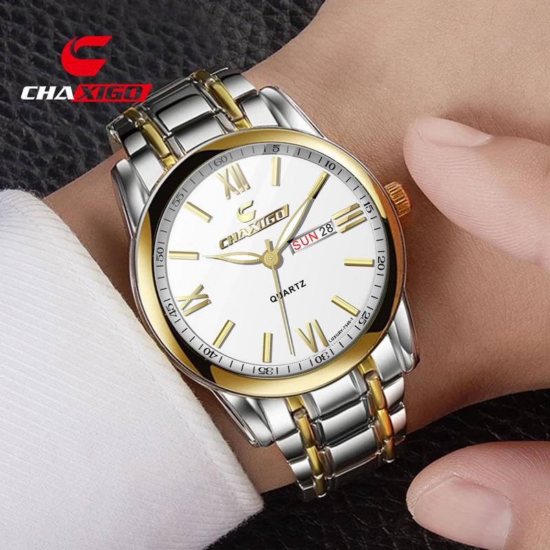 CHAXIGO นาฬิกาผู้ชาย กันน้ำ 100% มาแรง คุณภาพสูง ดีไซน์หรูหรา ตัวเรือนสแตนเลส ไฟเรืองแสง แสดงวันที่และวัน เครื่องควอตซ์ สไตล์ธุรกิจ พร้อมส่ง 7540-1