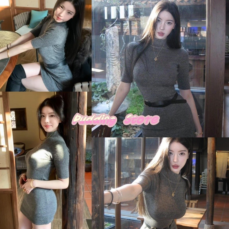 Pudding Store~พร้อมส่ง'มินิเดรสไหมพรม แขนสั้น ทรงรัดตัว แถมเข็มขัด- 31087