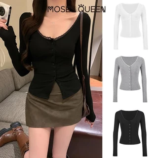 < MOSESQUEEN > อเมริกันสาวร้อนคอวีขอบลูกไม้แขนยาวถักเสื้อสเวตเตอร์ถักหญิงฤดูใบไม้ร่วงสลิมสั้นด้านในสวมใส่อารมณ์สีดํา Bottoming เสื้อ #62831