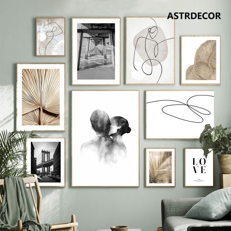 Nordic Vintage Posters and Prints  Banana Leaf Plant Kiss Abstract Line Wall Art Canvas Painting Wall Pictures for Living Room
