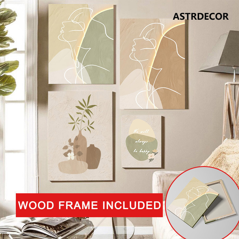 (พร้อมกรอบ) ผ้าใบกรอบพิมพ์โบฮีเมียนผ้าใบวาดเส้นนามธรรมมนุษย์ใบหน้าโปสเตอร์สีเบจภาพห้องนั่งเล่นตกแต่งบ้าน งéคร