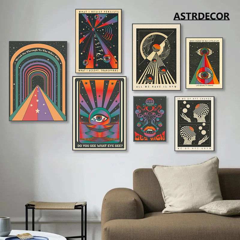 Retro Bohemian Psychedelic 70s โปสเตอร ์ แรงบันดาลใจคําคมสมาธิ Wall Art ภาพวาดผ ้ าใบภาพ Hippie Home Room Decor