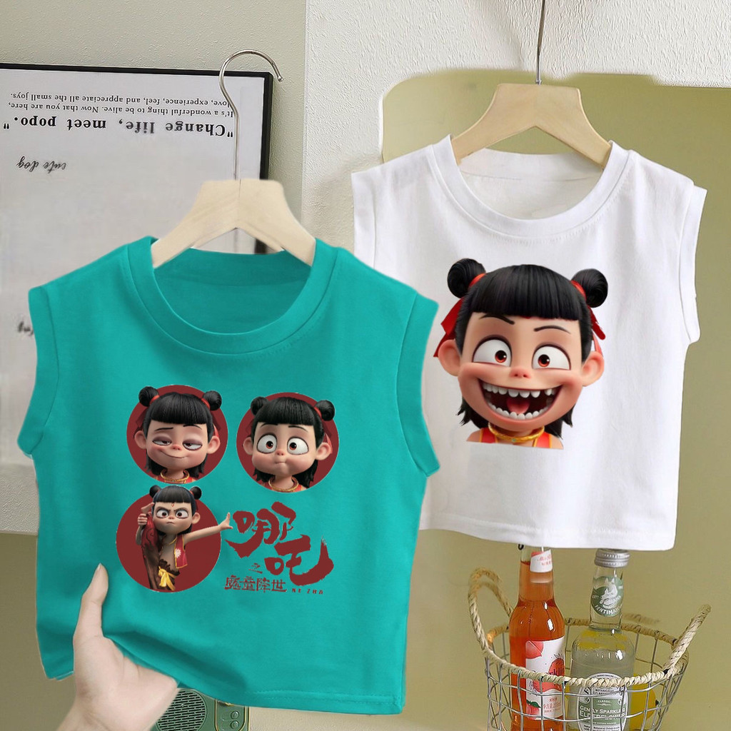 Nezha เสื้อผ้า Nezha การ์ตูน Nezha 2025 All-Match หลวมสาวเสื้อกั๊กลําลองเด็กผ้าฝ้ายเสื้อยืด