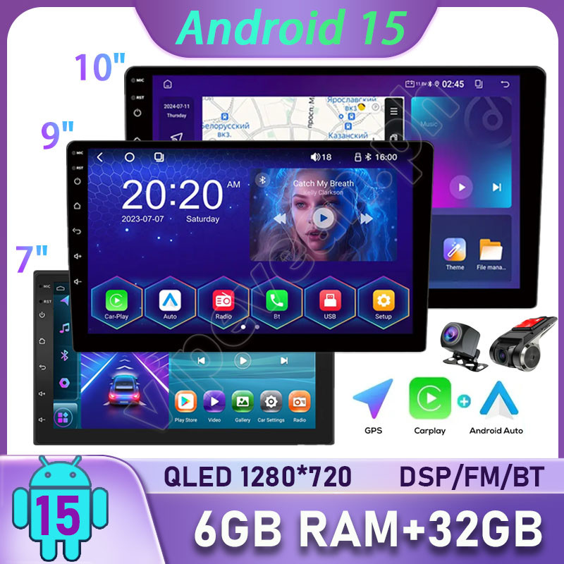 (Android 15) เครื่องเล่น Android ในรถยนต์ 6G+32G 4Core 7/9/10 นิ้วไร้สาย Apple CarPlay Android Auto 