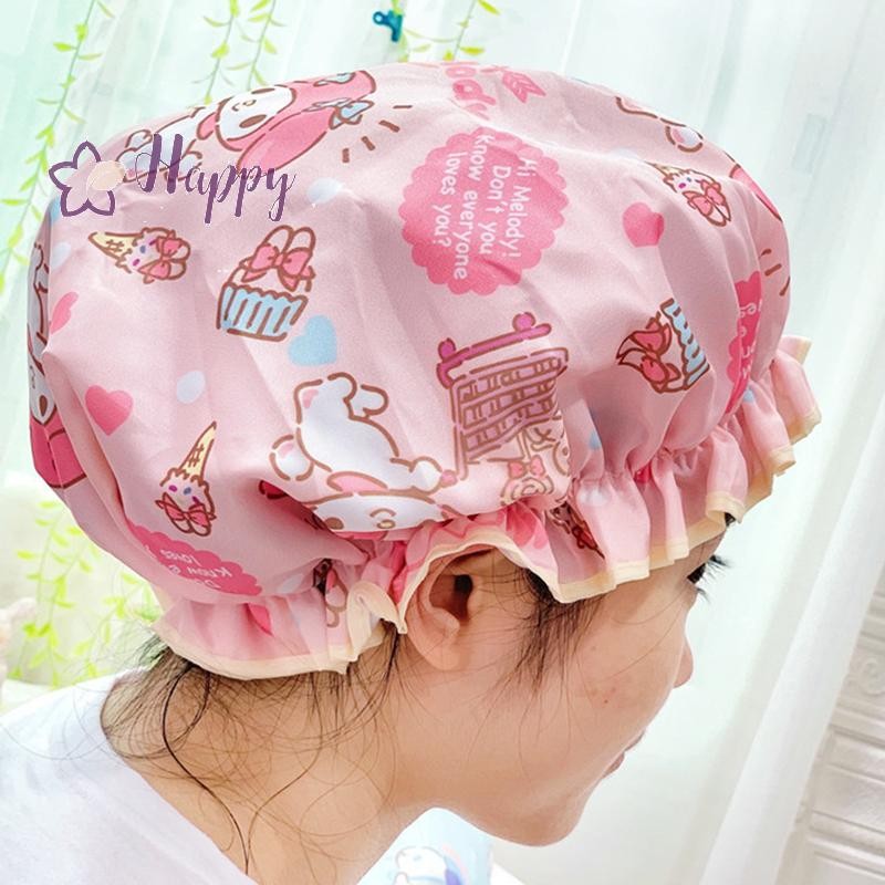 <Happybay>Sanrio Hello Kitty Double-Layerหนาขนาดใหญ่ผู้ใหญ่หมวกอาบน้ําMelody Cinnamoroll Kuromi Wash Care Capหมวกอาบน้ําหมวกกันน้ําลดราคา