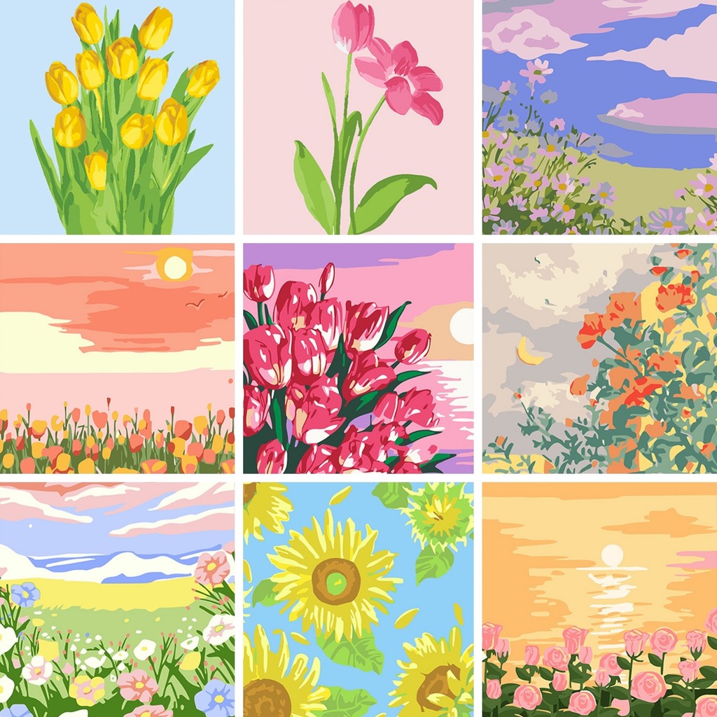 💐จิตรกรรมดิจิตอล DIY 20*20ซม. Paint by Numbers การวาดภาพดอกไม้ ระบายสีตามเลข การทำสมาธิ ของขวัญ