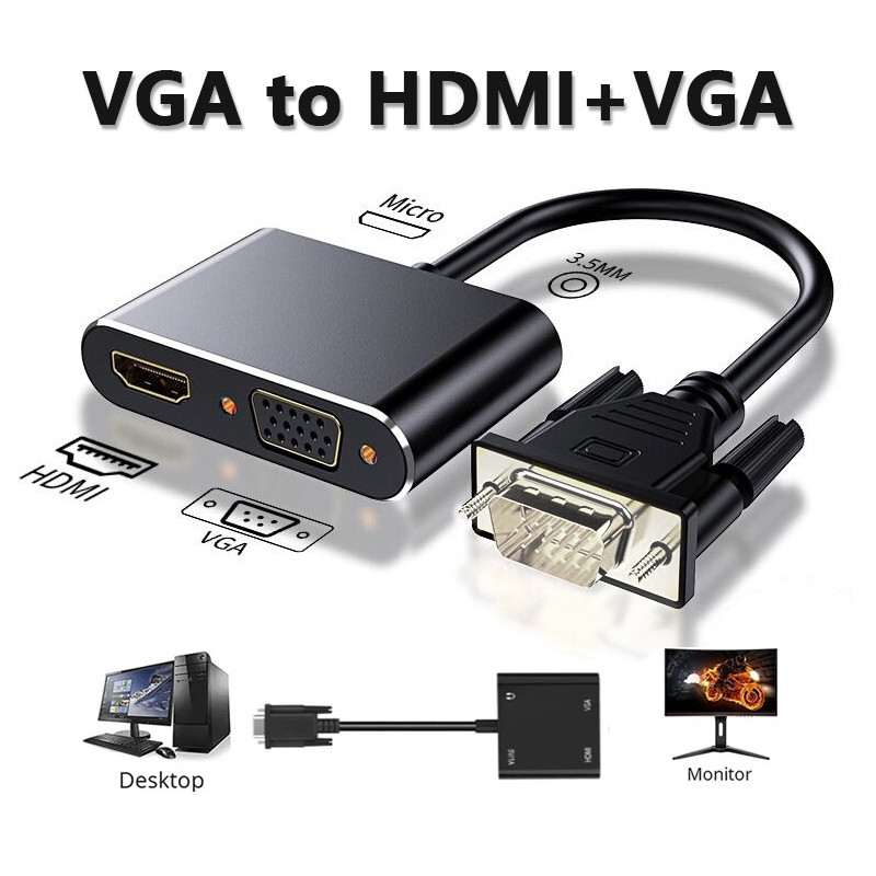 อะแดปเตอร์ VGA เป็น HDMI + VGA 1 เข้า 2 ออกพร้อมสายสัญญาณเสียง 3.5 มม. รองรับโปรเจคเตอร์ VGA เป็น HD-MI VGA PC หลายพอร์ต