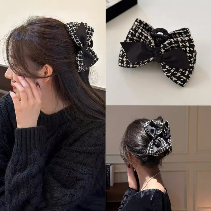 Houndstooth Bow Shark Clip แฟชั่นเกาหลี Wild Hair Clamp เครื่องประดับผมสําหรับผู้หญิงอ่อนโยน
