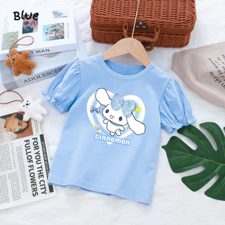 เสื้อยืดเด็กผู้หญิง Kuromi3D โบว์พัฟแขนเสื้อ GOTS ได้รับการรับรองผ้าฝ้ายอินทรีย์ Princess Tee