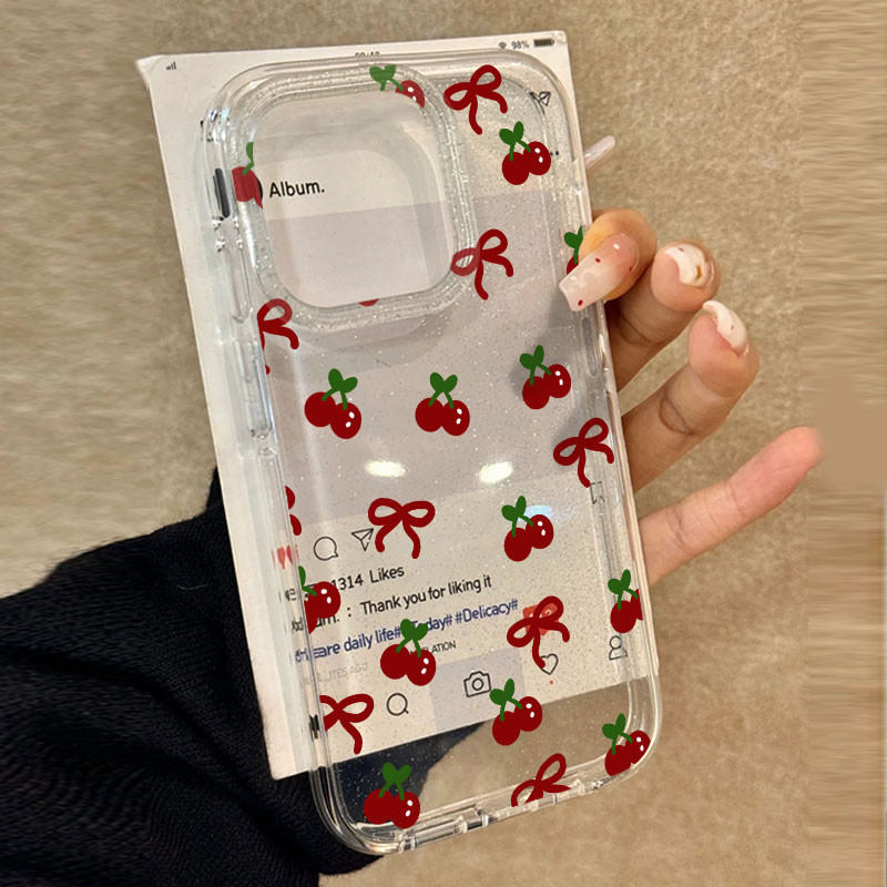 เข้ากันได้กับ IPhone 16 15 14 13 12 11 Pro Max X XR Xs Max 7 8 Plus SE2020 Red Cherry Bow แฟชั่น Ins Bling Star เคสโทรศัพท์ Clear Soft Cover