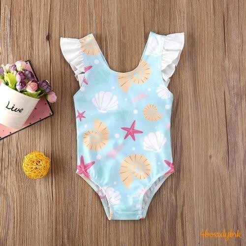 เด็กทารกฤดูร้อน One-piece ชุดว่ายน้ำแขนกุด Ruffles Shell ปลาดาวพิมพ์ชุดว่ายน้ำเด็กน่ารัก Bow Backless Beachwear