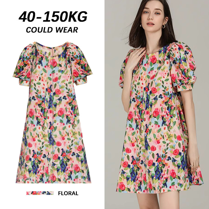 【Plus Size】(40-100kg) ชุดมินิเดรส แขนพัฟ ลายดอกไม้ สไตล์เกาหลี ขนาดใหญ่ แฟชั่นฤดูร้อน