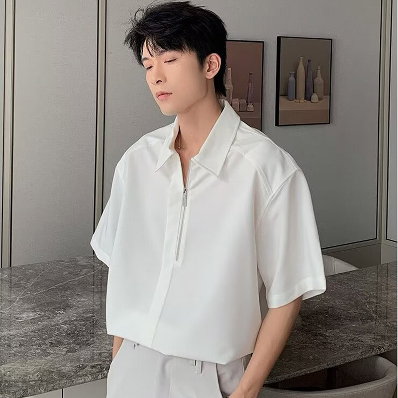 เสื้อโปโลแขนสั้นลําลอง คอปก ทรงหลวม แต่งซิปครึ่ง สําหรับผู้ชาย
