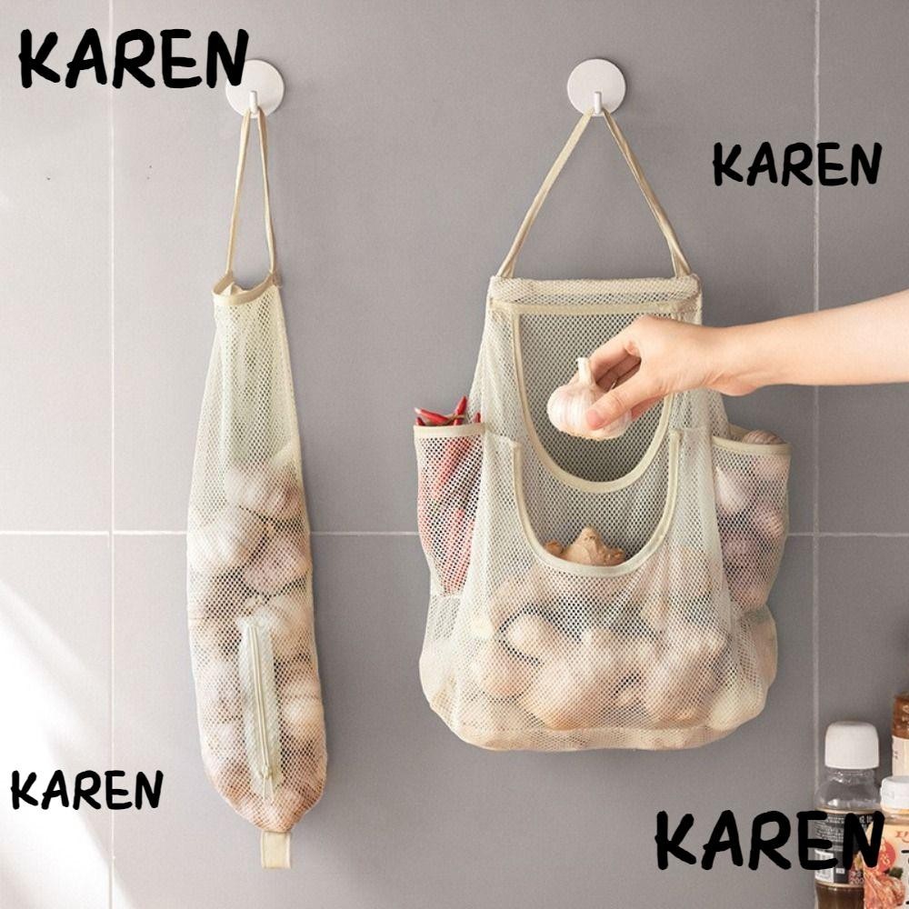 Karen กระเป๋าตาข่ายโพลีเอสเตอร์ แบบแขวนผนัง ความจุขนาดใหญ่ ใช้ซ้ําได้ สําหรับห้องครัว