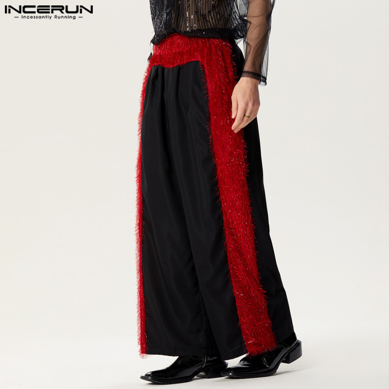 Incerun กางเกงขายาว ประดับพู่ สีพื้น แฟชั่นสไตล์ฝรั่งเศส สําหรับผู้ชาย