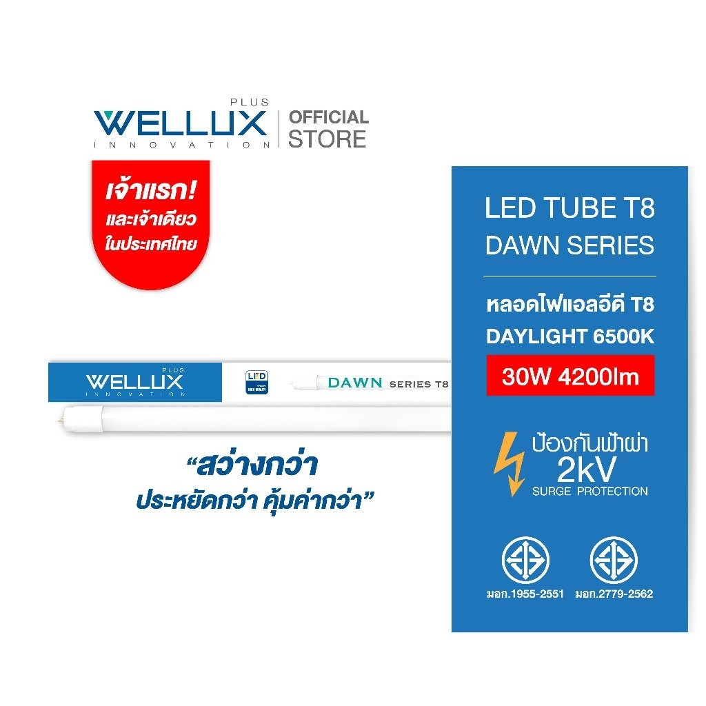 [ใหม่][10หลอด]WELLUX หลอดไฟ 30W 4200ลูเมน LED TUBE T8 แสงขาวคุณภาพสูง มาตรฐาน มอก.2779-2562 DAWN SERIES