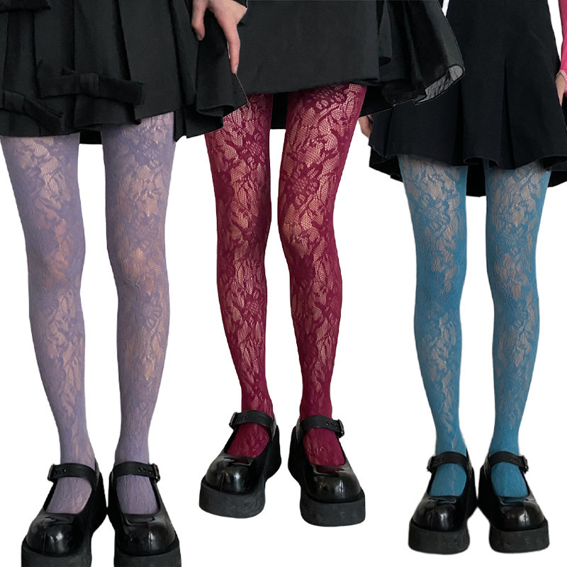 แฟชั ่ นดอกไม ้ เย ็ บปักถักร ้ อยตาข ่ าย Hollow Out เซ ็ กซี ่ Pantyhose ผู ้ หญิงตกปลาสุทธิ Tights Cool สาวสี Hipster Y2k Harajuku ถุงน ่ อง