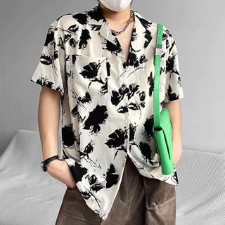 เสื้อเชิ้ตแขนสั้นลําลอง ทรงหลวม ลายดอกไม้ เหมาะกับเดินชายหาด แฟชั่นฤดูร้อน สไตล์ฮาวาย เสื้อเชิ้ตผู้ชาย