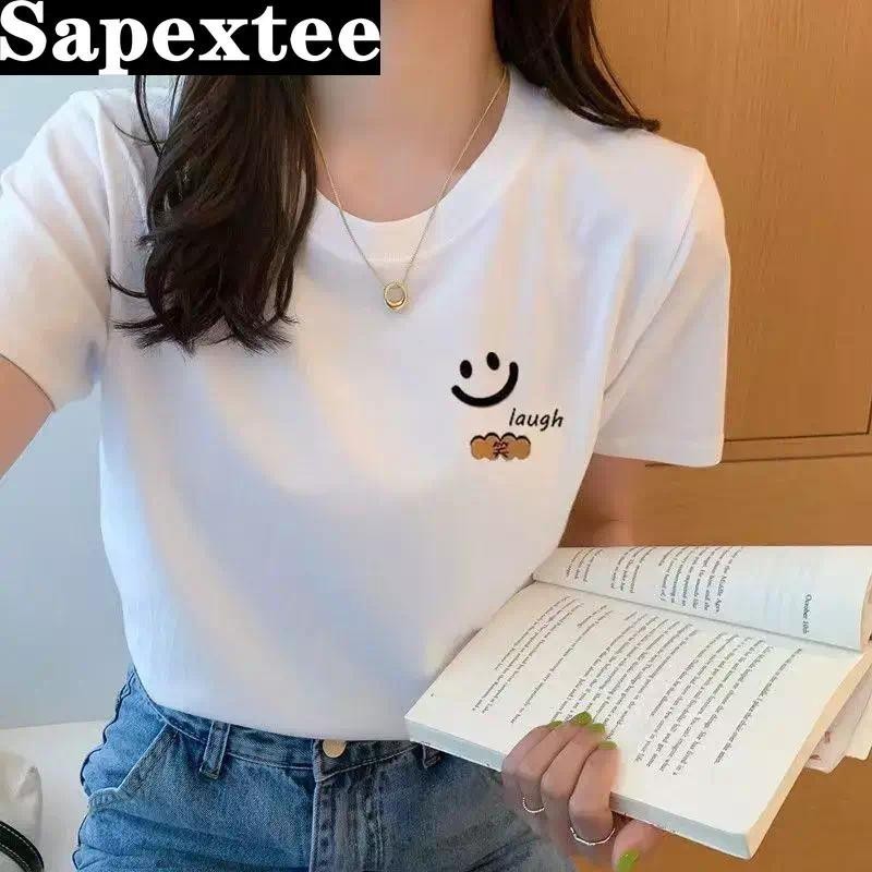 เสื้อยืดแขนสั้น ทรงหลวม สีขาว แฟชั่นฤดูร้อน สไตล์ฮาราจูกุ สําหรับผู้หญิง และนักเรียน
