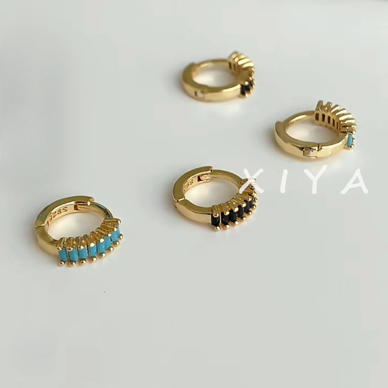 Xiya แฟชั ่ นอารมณ ์ ต ่ างหูเพชรแถวเล ็ ก Niche Design Turquoise ต ่ างหูวงกลม