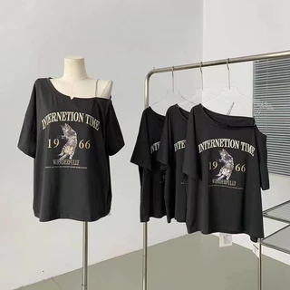 ส่งจากกรุงเทพฯ Solovely M-2XL เสื้อดํา เสอื้ผา้ผหู้ญง เสื้อเปิดไหล่ เสอ สไตล์เกาหลี แมว พิมพ์ลาย หลวม เสื้อยืด