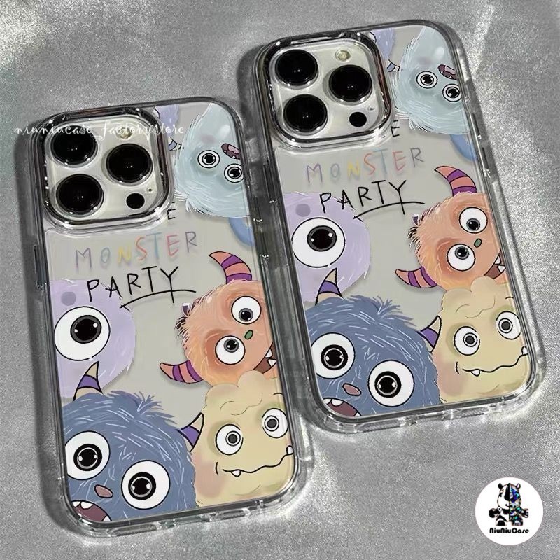 สำหรับ iPhone 13 12 14 11 15 Pro Max XR X Plus XS SE 7 กรอบรูปโลหะใสการ์ตูนมอนสเตอร์ขนาดเล็กรูปแบบกรณีโทรศัพท์เคสนิ่ม