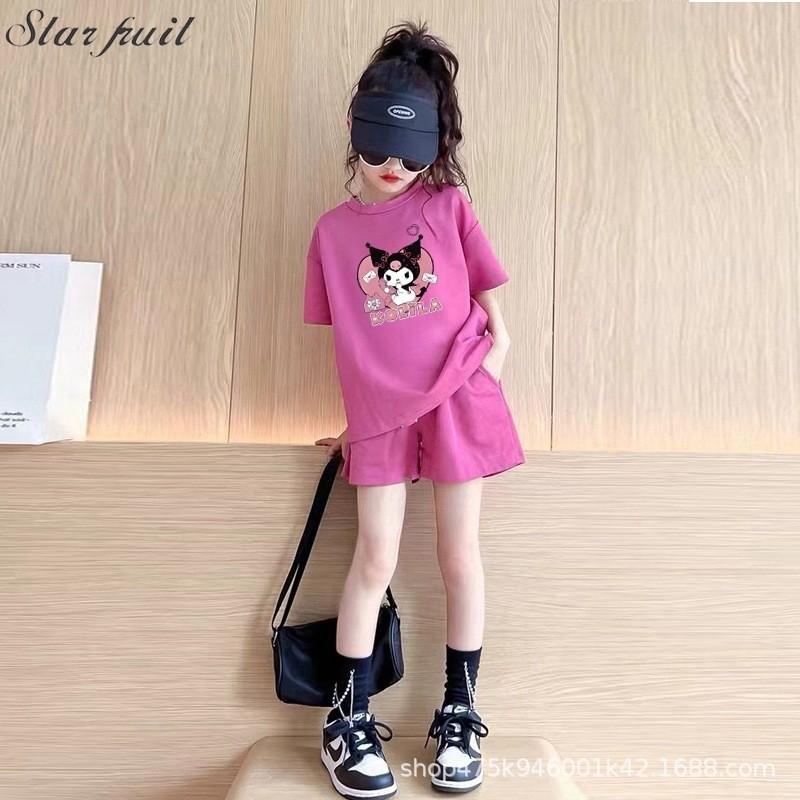 Star Fruit ชุดสูทแฟชั่นเด็กผู้หญิง Kuromi เสื้อยืด + กางเกงขาสั้นสไตล์เกาหลีชุด 2 ชิ้น