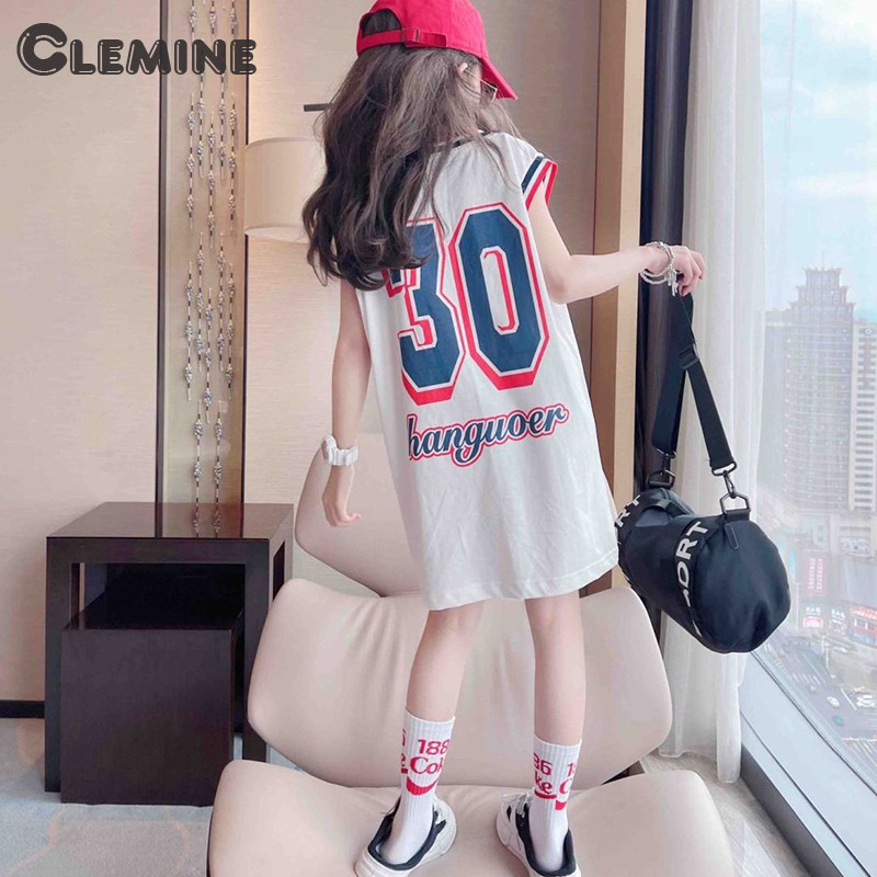 Clemine ชุดเดรสเสื้อยืดแขนสั้นเด็กผู้หญิง สไตล์เกาหลี สาวน้อยกีฬา เสื้อกั๊กลำลอง กระโปรง
