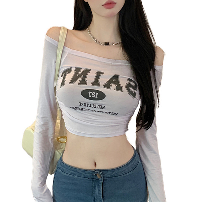 Pure Hot Girls เซ็กซี่ ฤดูใบไม้ผลิและฤดูใบไม้ร่วงเสื้อไหล่สั้นผู้หญิงฤดูร้อนเสื้อยืดแขนยาว bottoming เสื้อด้านใน A161