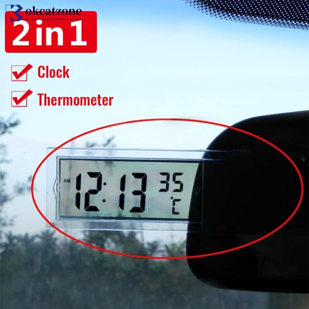 Okcatzone 2 In 1 รถยนต ์ นาฬิกา LCD เครื ่ องวัดอุณหภูมิดิจิตอล Sucker ประเภทนาฬิกาโปร ่ งใส F5U2