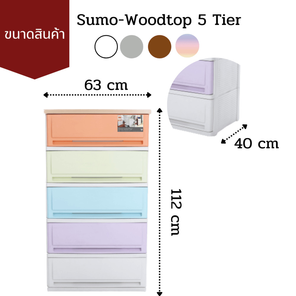 LOCAL789 UP ตู้ลิ้นชักพลาสติกมีท็อป 5 ชั้น รุ่น SUMO-WT ขนาด 42x63x112 ซม. สีวินเทจ ร้านอยู่ในไทย