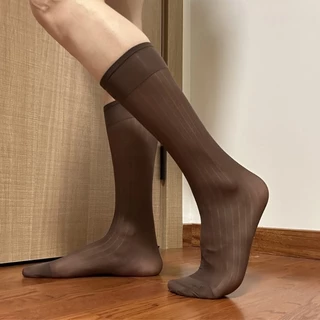 Nio Mens Nylon Sheer Suit Socks Business Dress Socks Elastic Wide Striped See Through Official Dress Over the Calf Stockin