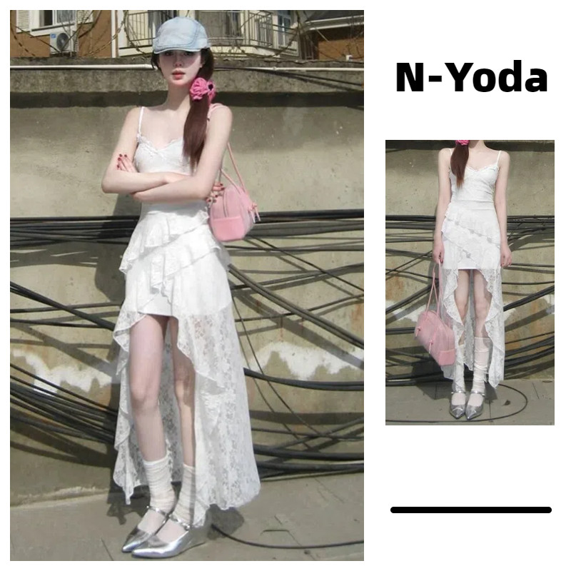 N-Yoda มาใหม่ไม่สม่ำเสมอเฮ็มแยกชุดเดรสลิมฟิตลูกไม้กระโปรงแขวนคอ
