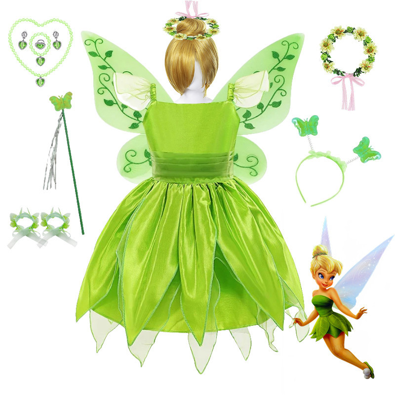 Disney Little Fairy Princess Girls Dress Tinkerbell เด็กเด็กคอสเพลย์สีเขียวเสื้อผ้าเด็กเครื่องแต่งกาย