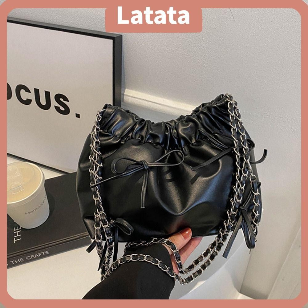 Latata Plain Pleated Bag, All-match PU Leather Women 's Shoulder Bag, Fashion Casual Plain One-sided Pleated Design Small Bucket Bag Women