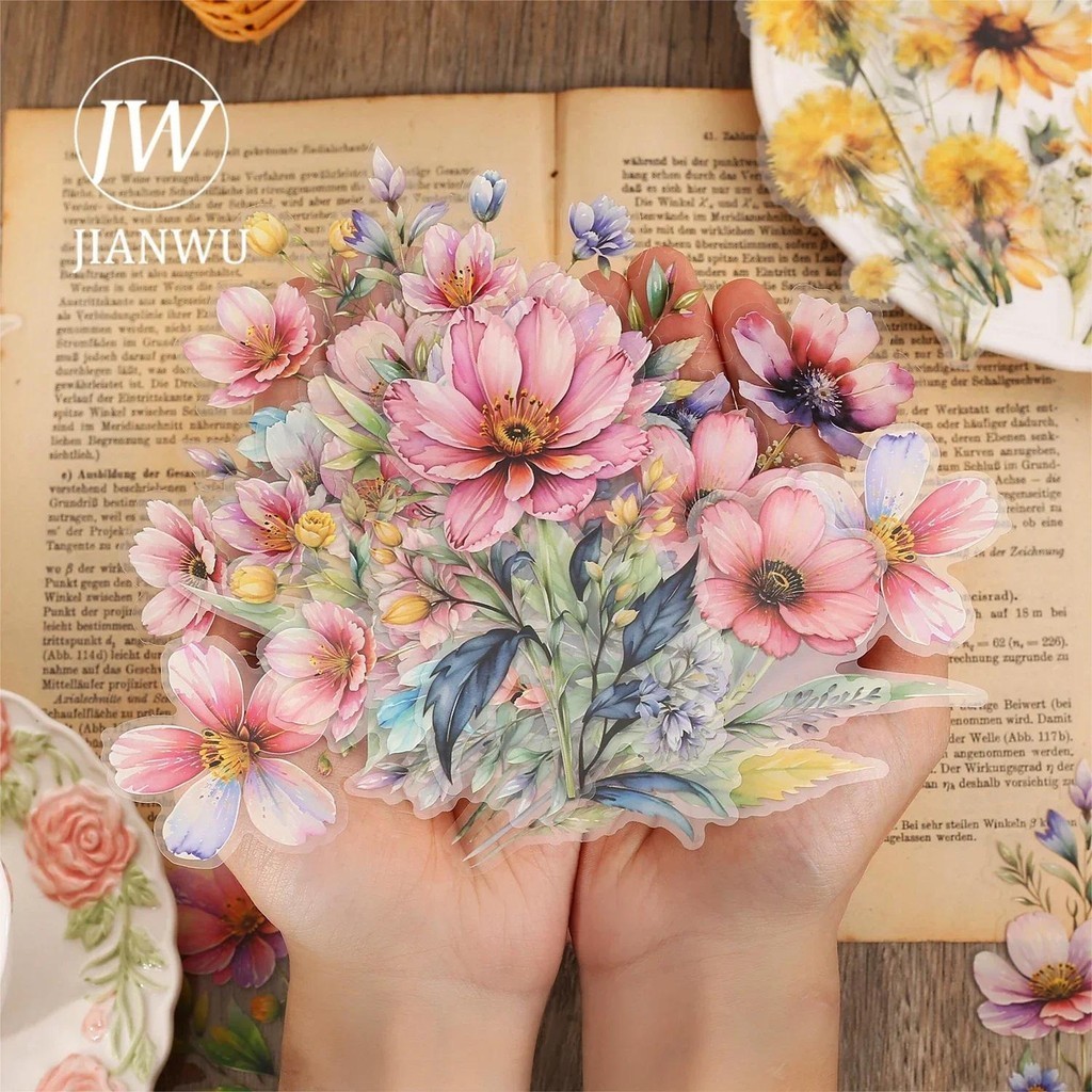 Jianwu 20 แผ่นดอกไม้กลิ่น Series Vintage ดอกไม้ภูมิทัศน์วัสดุ Collage PET สติกเกอร์ Creative DIY Journal เครื่องเขียน