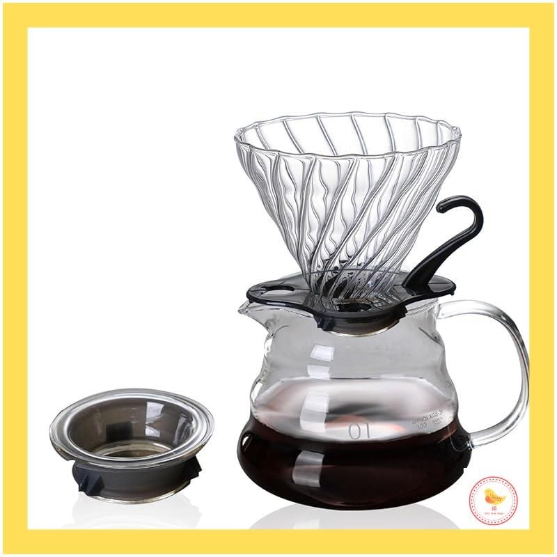 【Japan】FGIUKC Coffee Server Heat Resistant Glass Plastic Rack Coffee Dripper 360ml with Scale for 1-2 People Coffee Drip Tool Microwave Safe with Lid Glass Handle Hand Drip Coffee Server Coffee Drip Set Cafe Coffee Shop