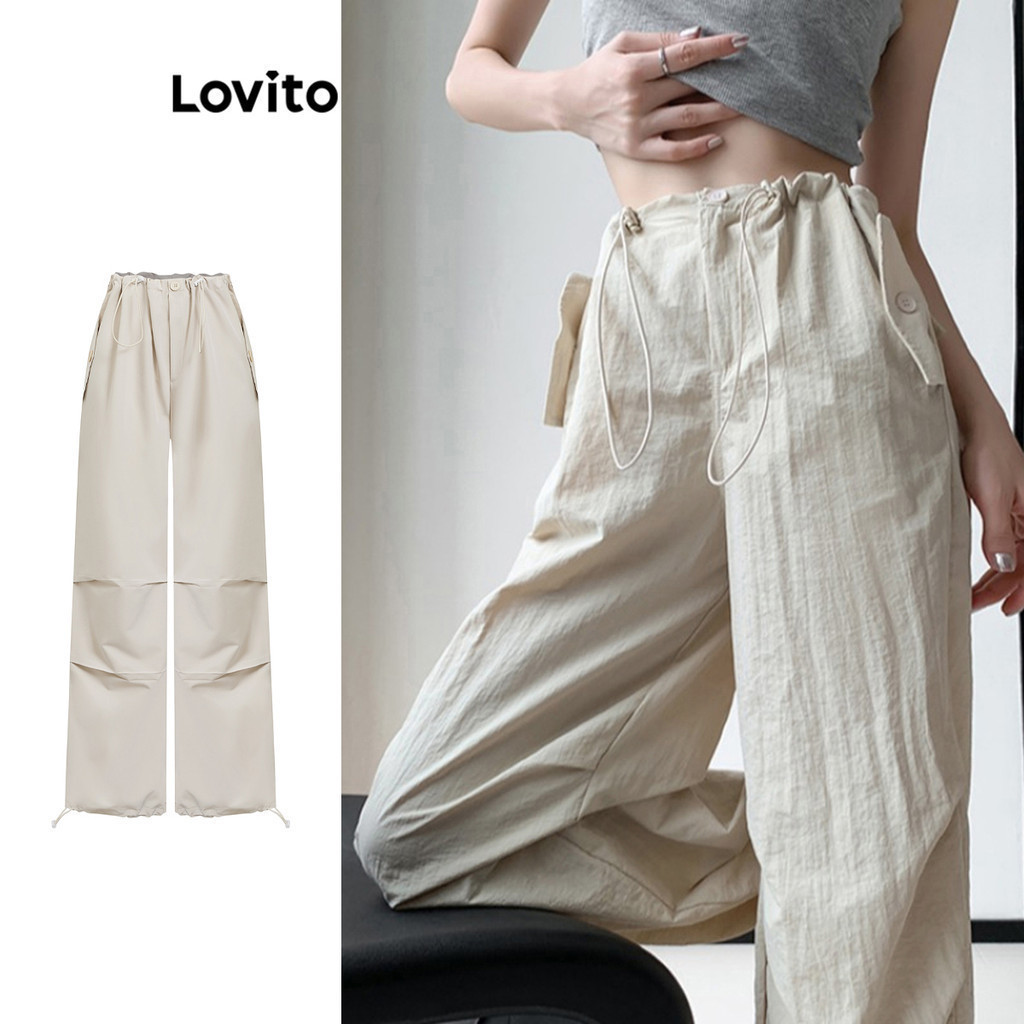 Lovito กางเกงขายาวผู้หญิง มีกระดุม แต่งเชือกผูก สีพื้น สไตล์ลำลอง L73AD111