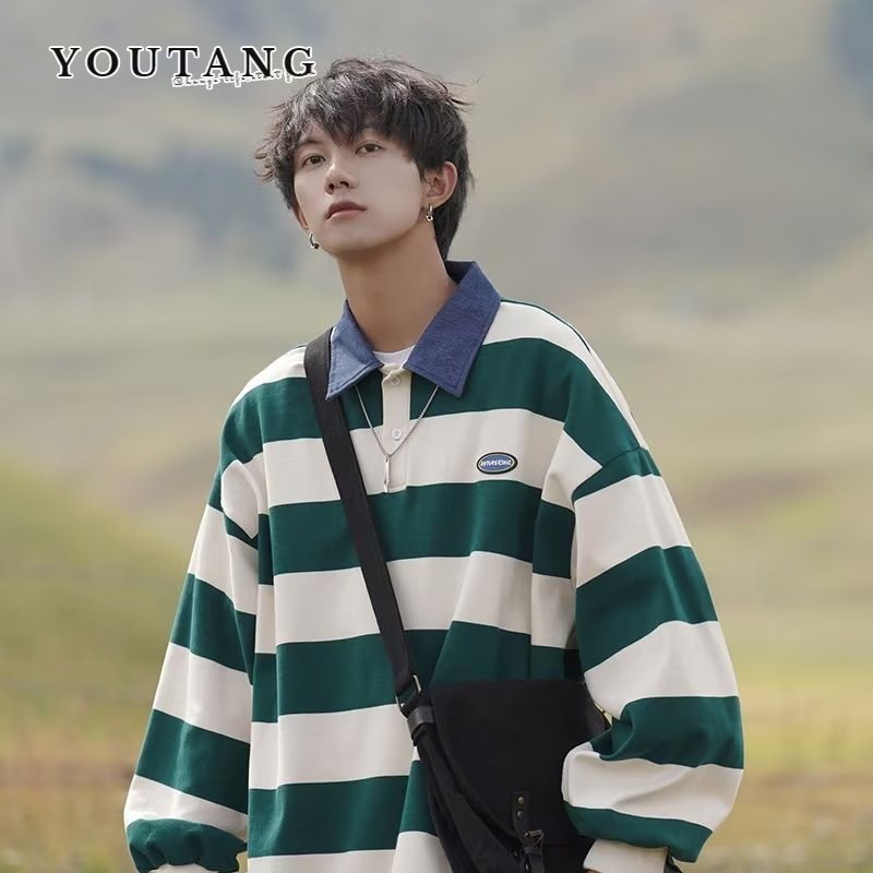 เสื้อยืด ญี่ปุ่นสไตล์ขี้เกียจเสื้อโปโลคอปกเสื้อกันหนาวผู้ชาย อิน หลวมอินเทรนด์ย้อนยุคสไตล์ฮ่องกงแฟชั่นแบรนด์ลายแขนยาว