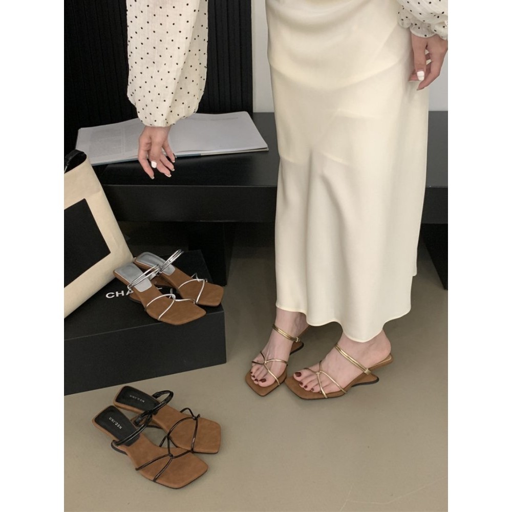 รองเท ้ าส ้ นสูงผู ้ หญิงสแควร ์ Toe รองเท ้ าส ้ นสูงยาง PU