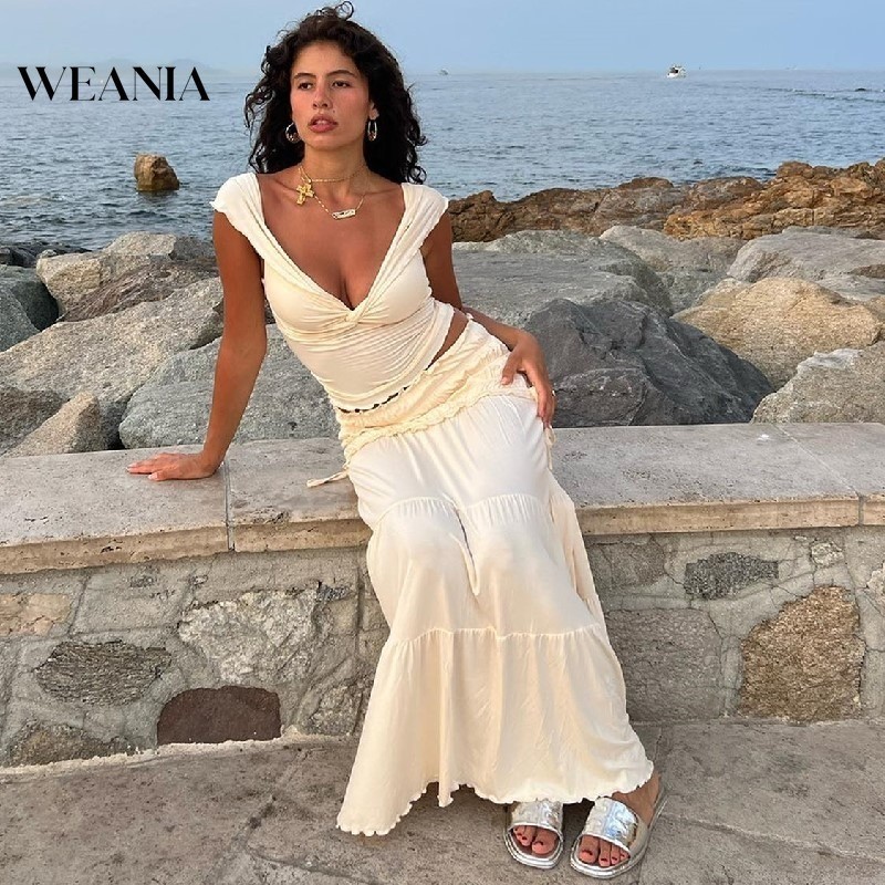 Weania เซ็กซี่สะดือ Low-Cut เสื้อกั๊กสั้นสไตล์ฝรั่งเศสอารมณ์จีบกระโปรงสูทผู้หญิง (แยกจําหน่าย)