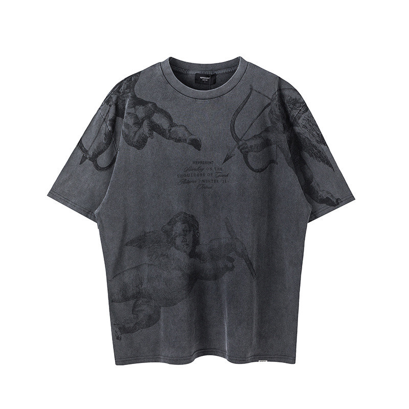 High Street Casual หลวม 24AW Little Angel Eros พิมพ์ Retro ล้าง Distressed หลวมรอบคอผู้ชายผู้หญิงแขน