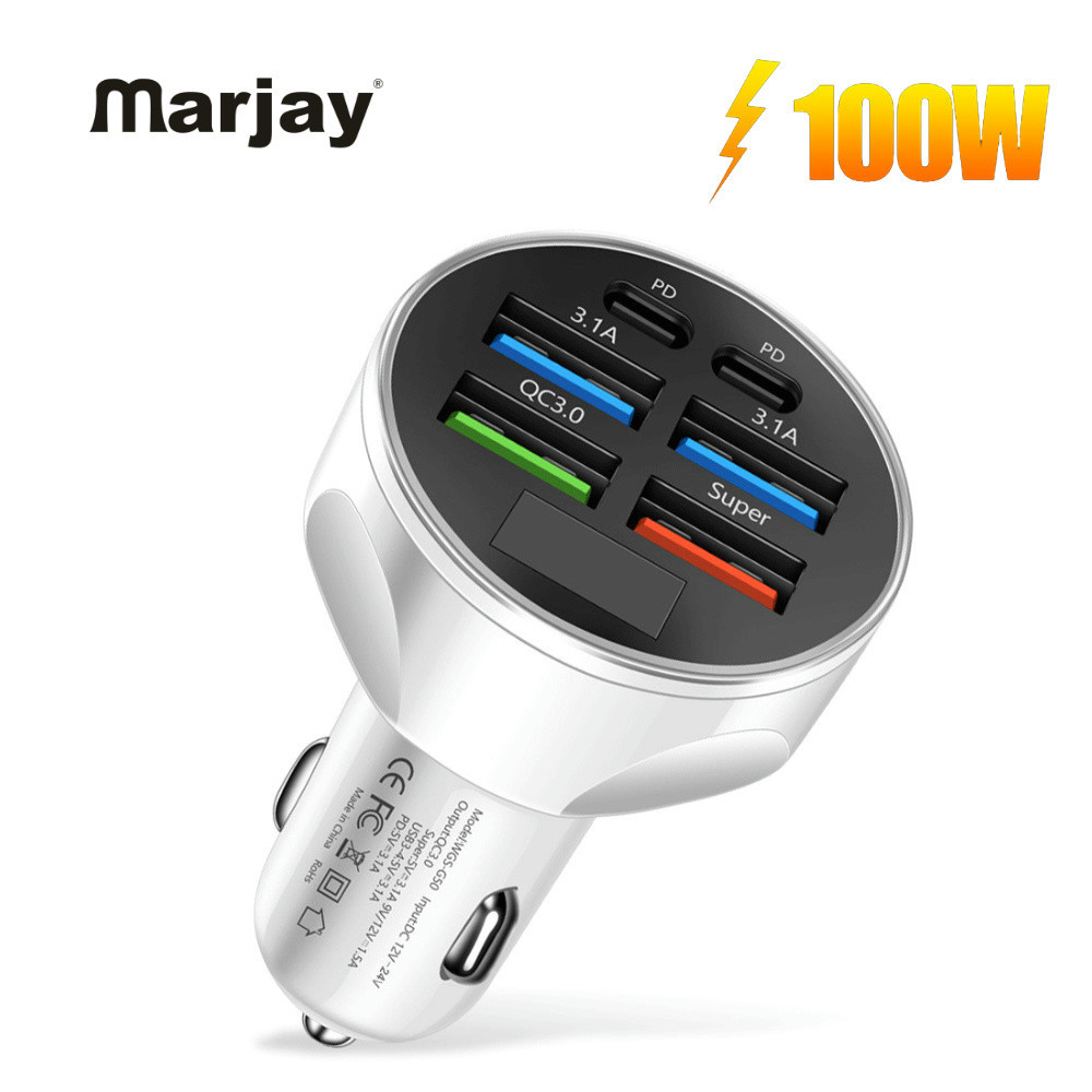 Marjay 4USB +2Type C 100W Car Charger Fast Charging PD QC3.0 USB C Car Phone Charger