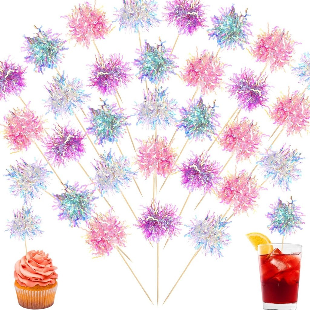 10 ชิ้นที่มีสีสันฟอยล์ Firework Cupcake Toppers Sparkle Tinsel เค้กตกแต่งค็อกเทล Picks สําหรับวันเกิดงานแต่งงานสําเร็จการศึกษา Party Supplies