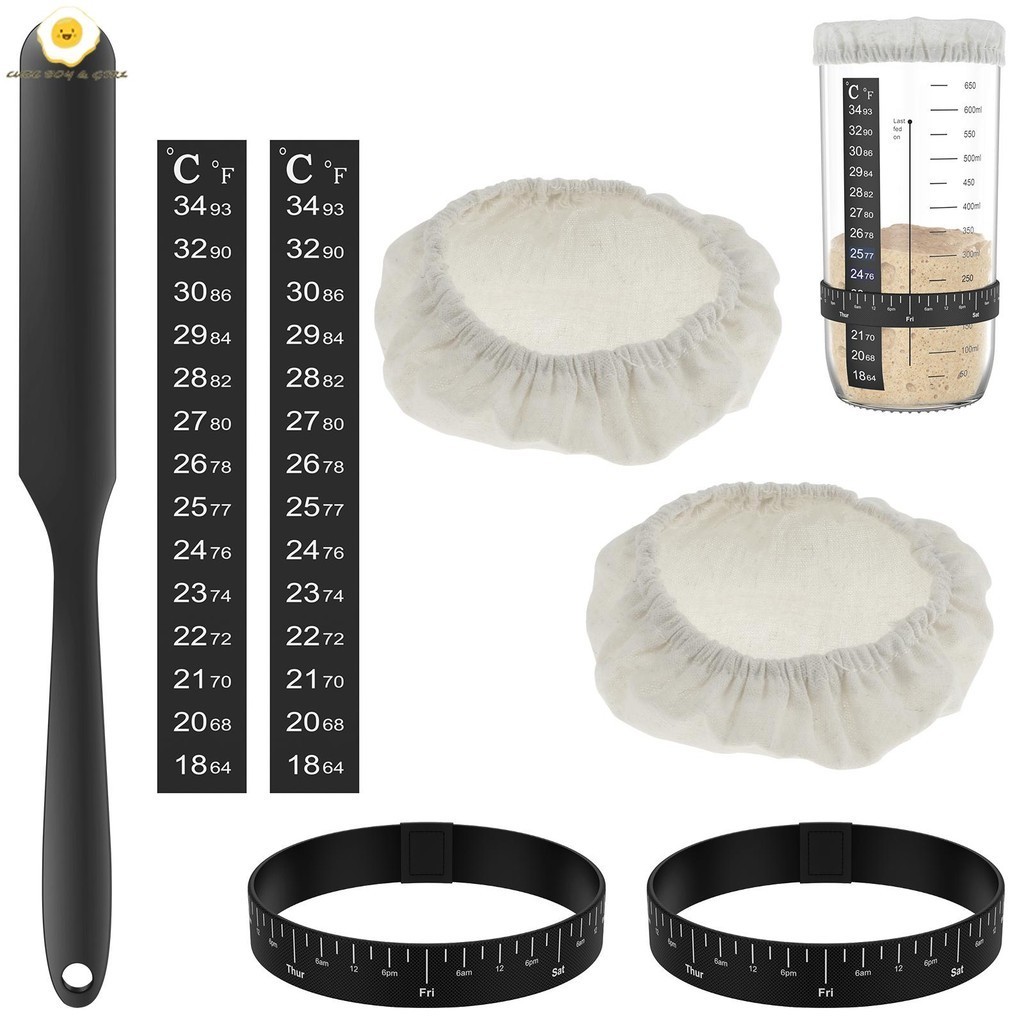 7 ชิ้น Sourdough Starter Kit Sourdough Starter อุปกรณ์เสริมผ้าครอบคลุมอุณหภูมิและวันที่ Marked Feedi