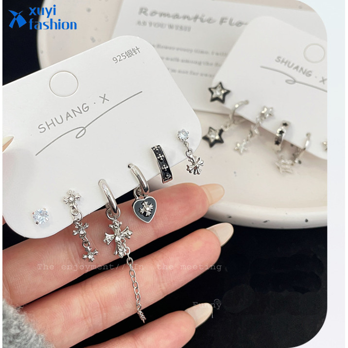 6 ชิ้น/ชุดดาวข้ามเพทายต่างหูหัวใจพู่เงินต่างหูชุดเครื่องประดับอุปกรณ์เสริมสําหรับผู้หญิง