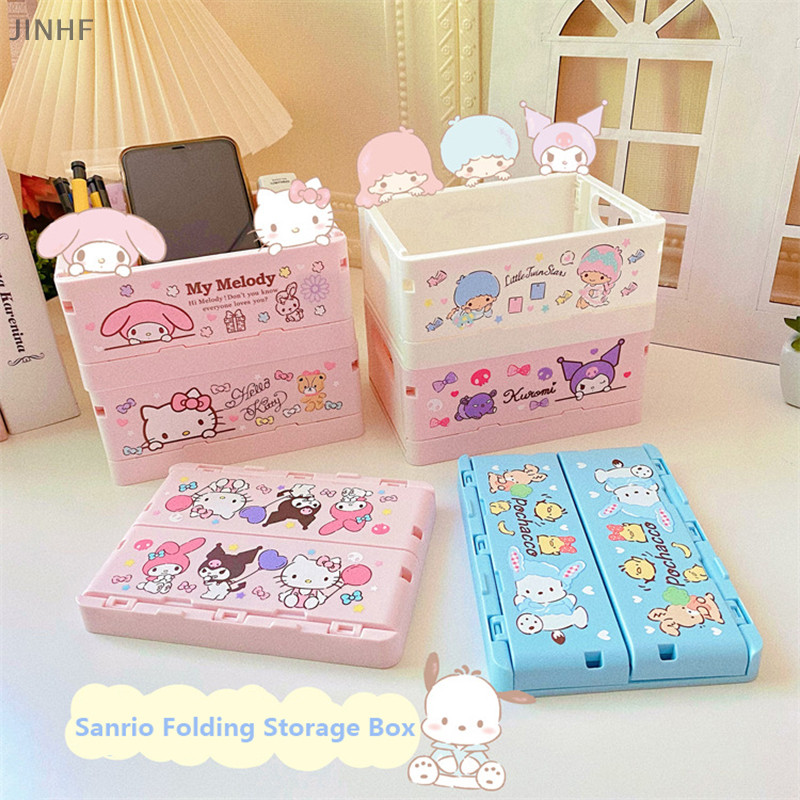 [BestBuyshop] Sanrio Desk Organizer Hello Kitty Basket Kawaii Kuromi Melody พับซ้อนเครื่องสําอาง Organizer สาวเดสก์ท็อปกล่องเก็บสต็อกใหม่